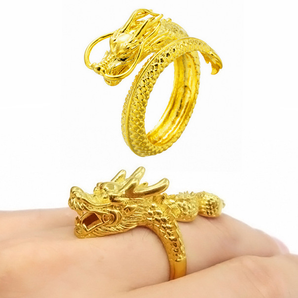 沙金男款霸气龙戒 黄铜镀金仿金立体龙纹开口厚金戒指 厂家直销