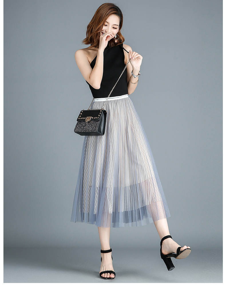 夏季网纱半身裙韩版双层纱百褶蓬蓬裙高腰弹力修身气质淑女裙批发
