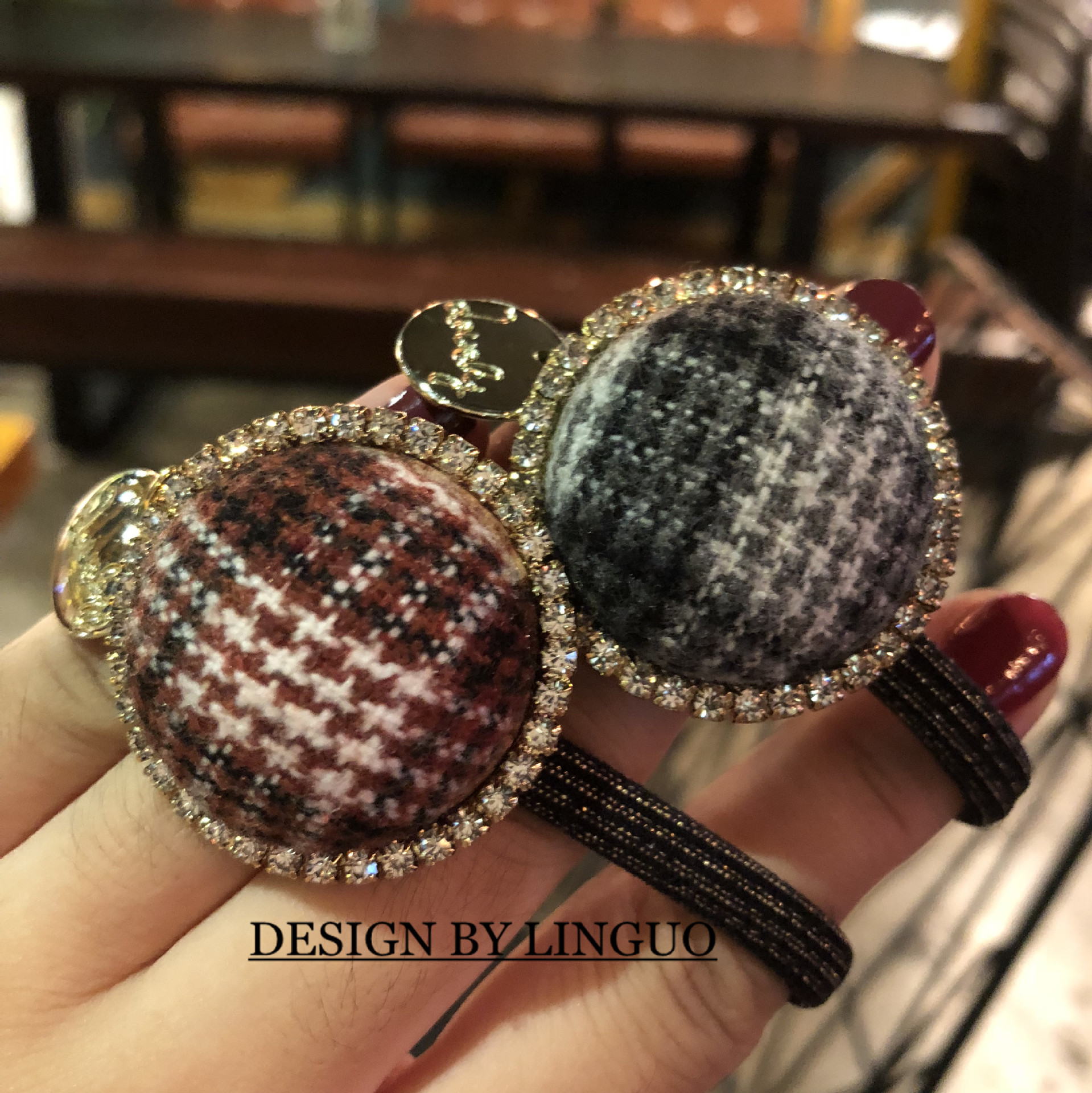 韩版东大门同款发绳气质复古格纹头绳奢华水钻发绳马尾皮筋发饰女