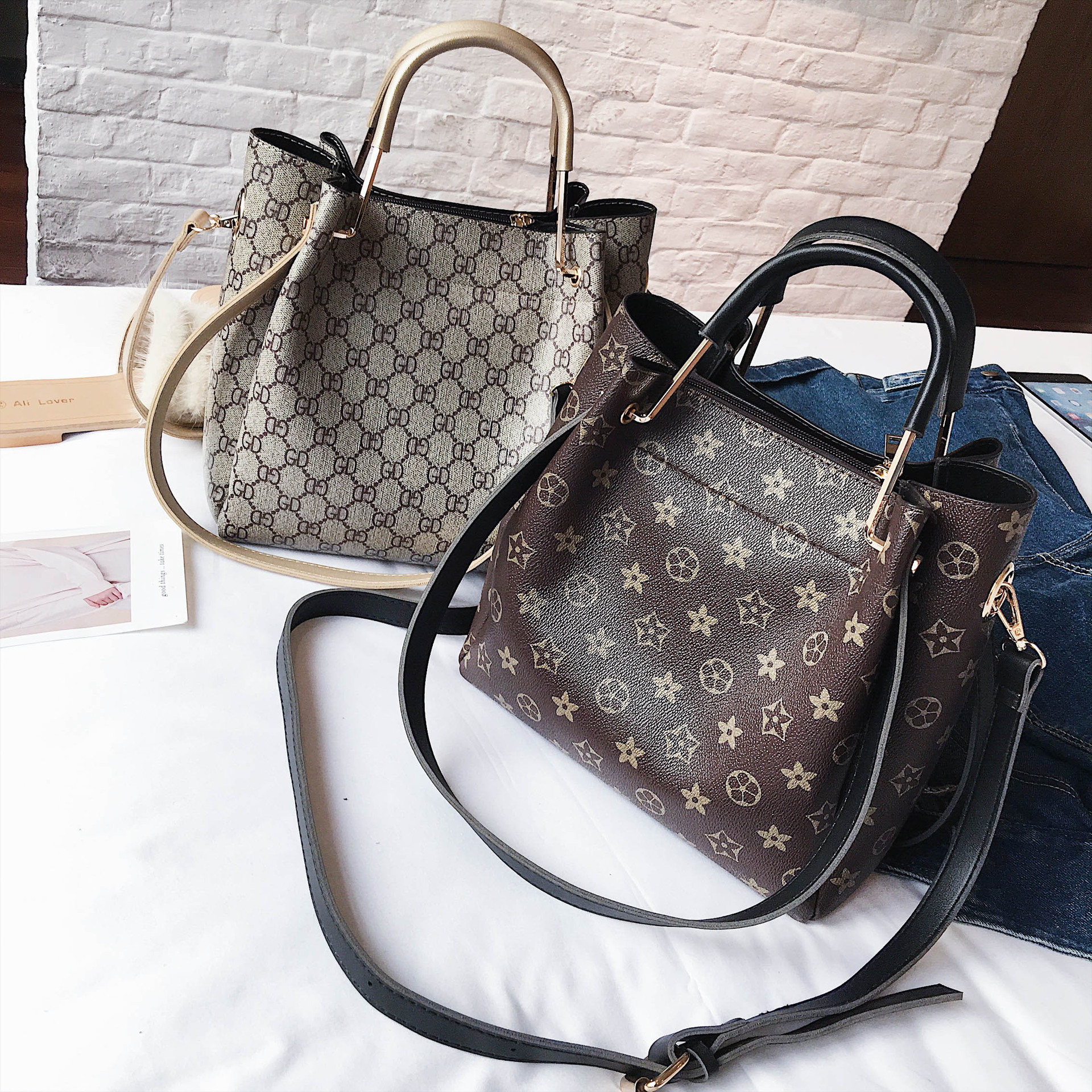 厂家批发2018秋季新款老花gd字母单肩包百搭款子母包斜挎女包