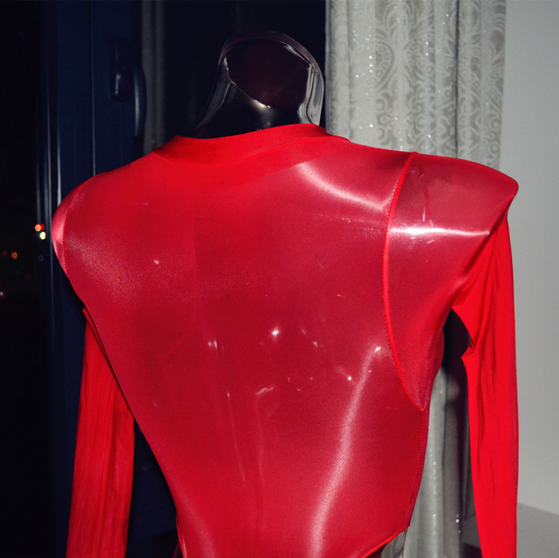油光神裤超薄透明性感塑身连体衣全身长袖透明丝袜材质高叉连体衣