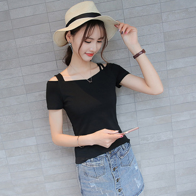 一字领露肩短袖t恤女小清新吊带韩版性感修身夏装上衣女2019新072
