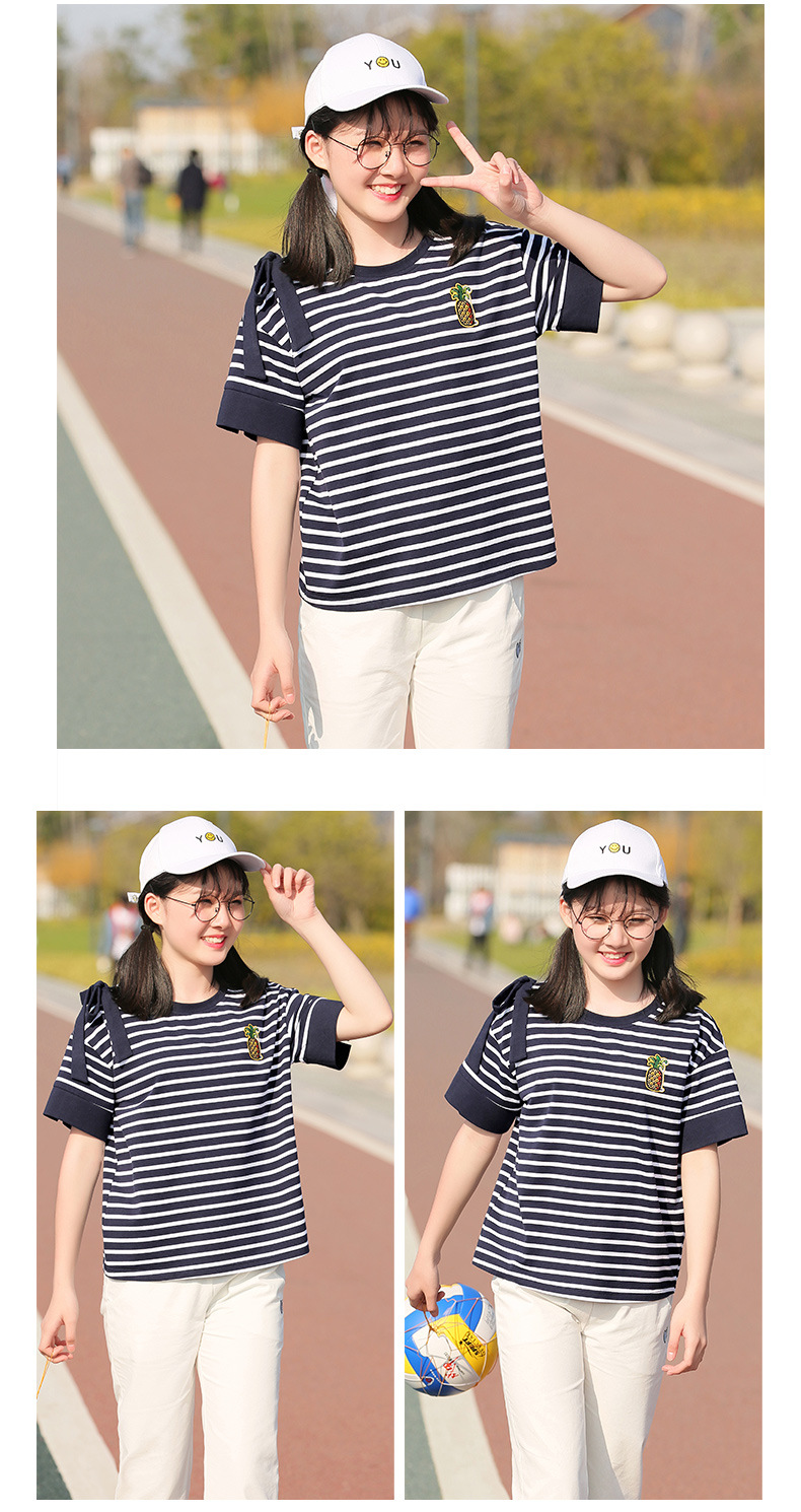 朴素少女中学生条纹圆领短袖t恤 1008238