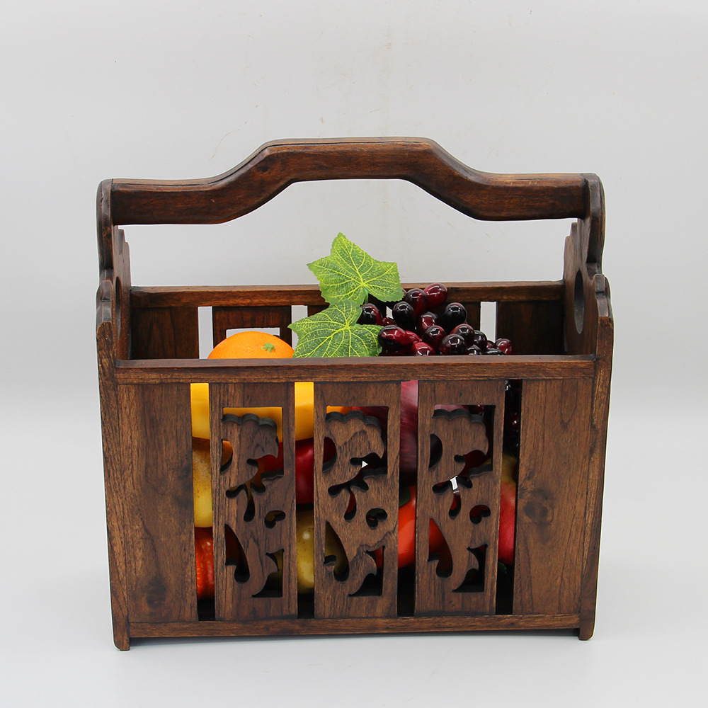 大号实木花篮 柚木雕花家居收纳篮 手提干花果蔬置物筐木质杂物筐