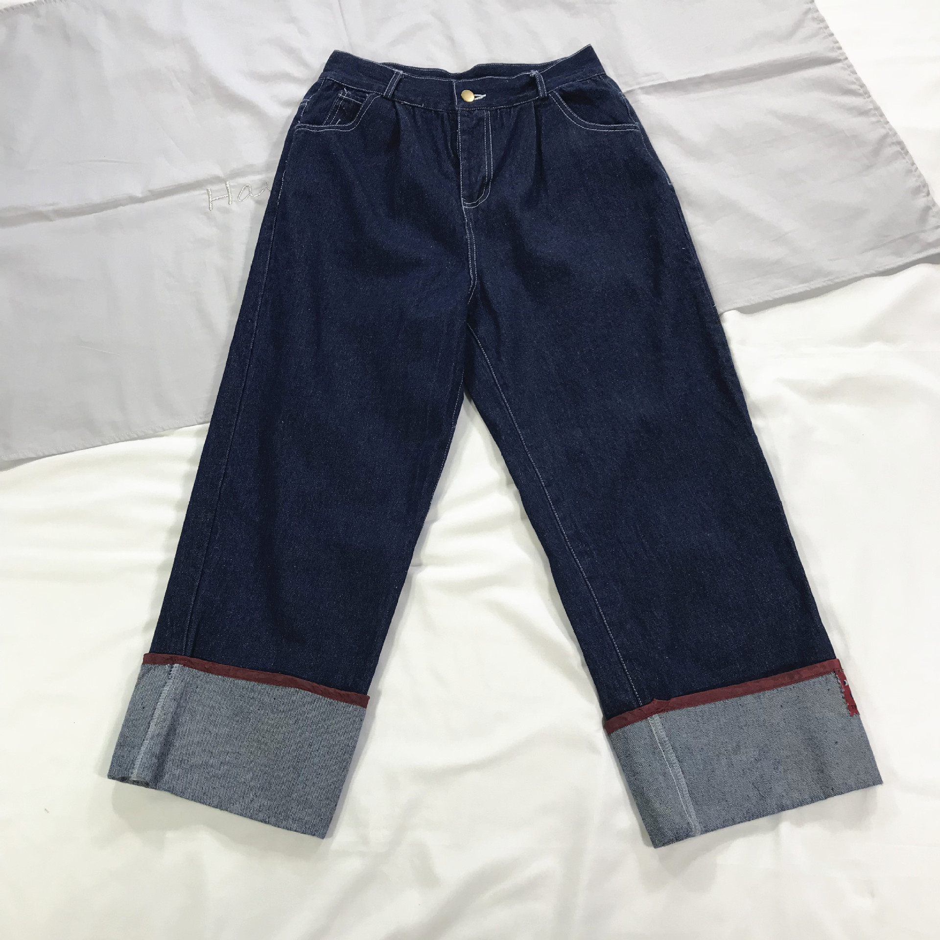 日系原宿笑脸贴布红色包边卷边深蓝色牛仔裤阔腿裤学生潮