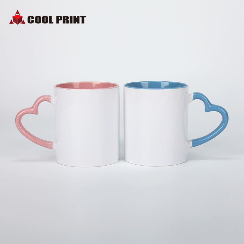 Heart-Shaped Handle Color Handle Inner Wall Color Coating White Cup Wholesale Thermal Transfer Blank Ceramic Cup Creative Gift Cup