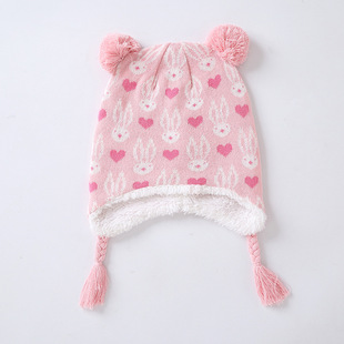 秋冬粉色爱心兔子宝宝加绒护耳帽儿童针织帽子毛线帽女孩保暖帽子