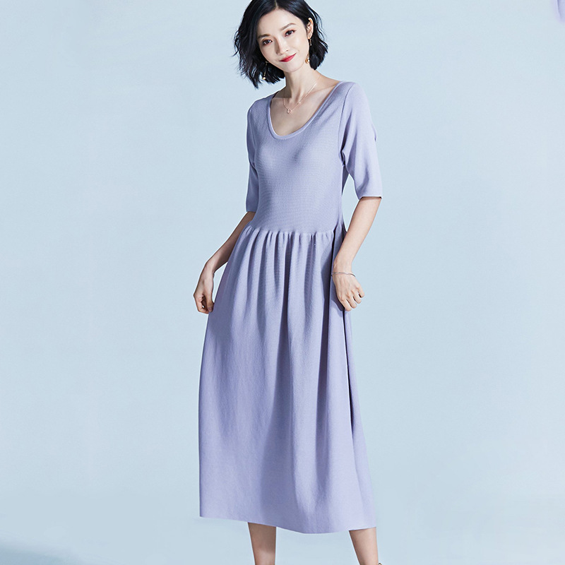 2018年春夏冰麻针织衫纯色宽松冰麻中长款连衣裙中袖-阿里巴巴