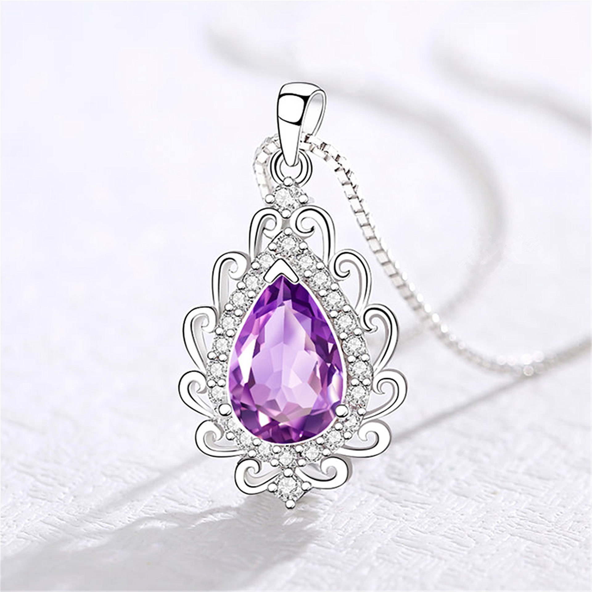 2成交36个银项链女日韩版简约三心形紫水晶吊坠镀白金锁骨链 银饰品