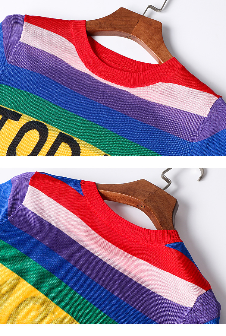 彩虹针织衫女套头彩色条纹短袖冰丝t恤夏季修身薄款短款冰丝上衣