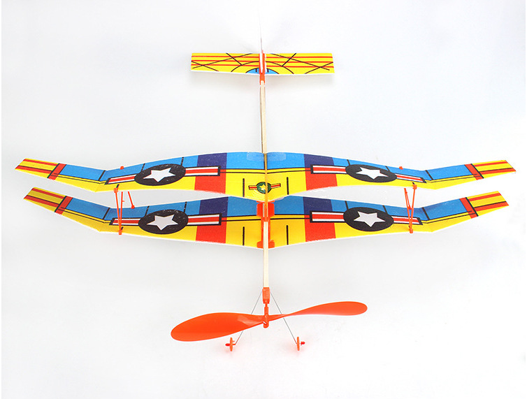 橡皮筋动力双翼滑翔飞机 雷鸟橡皮筋动力飞机 直升机模型diy拼装