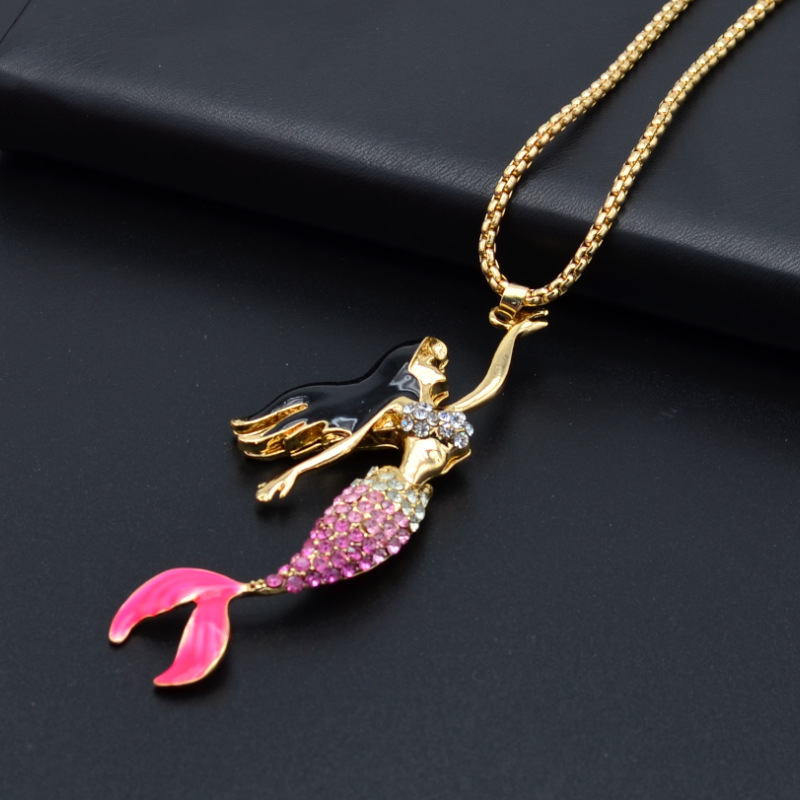 外贸新款滴油镶钻美人鱼项链吊坠wish速卖通热卖饰品批发k943