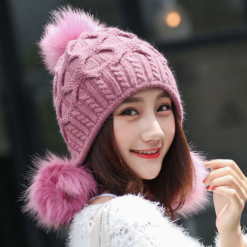 新款韩版帽子女三球兔毛帽韩国冬天加厚保暖护耳针织帽毛球帽滑雪