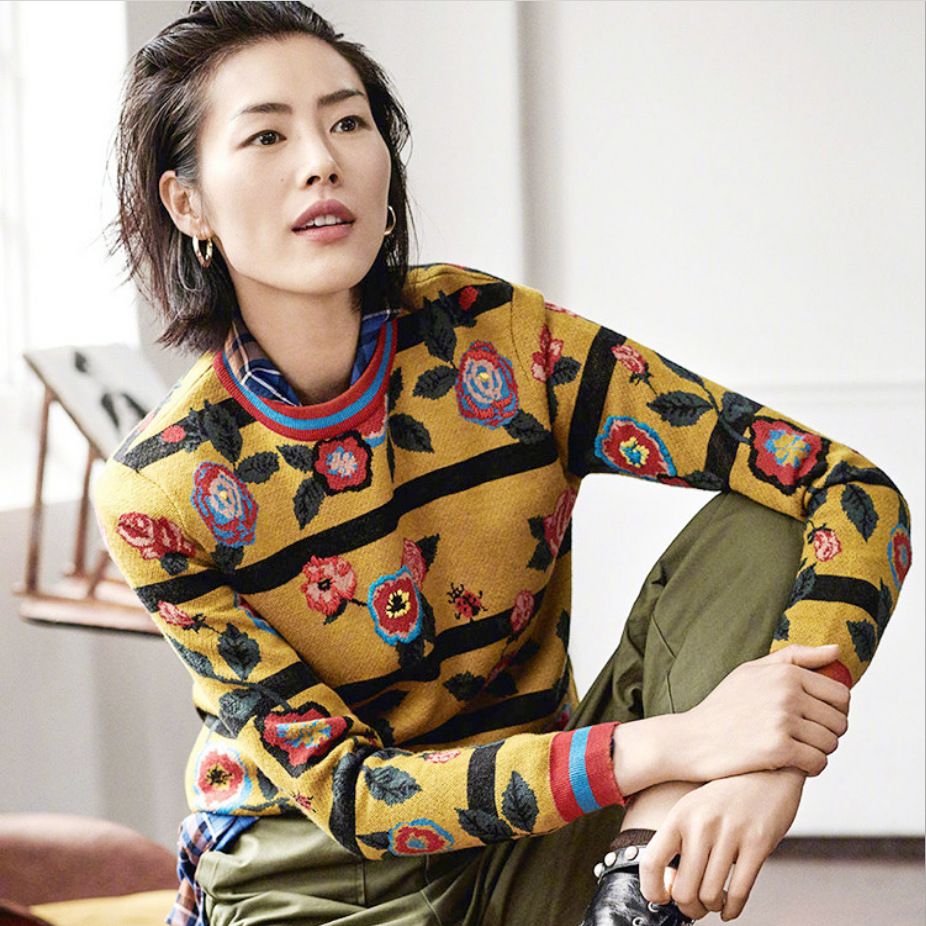 2018秋冬新款刘雯明星同款女装复古花朵包芯纱针织衫圆领长袖毛衣