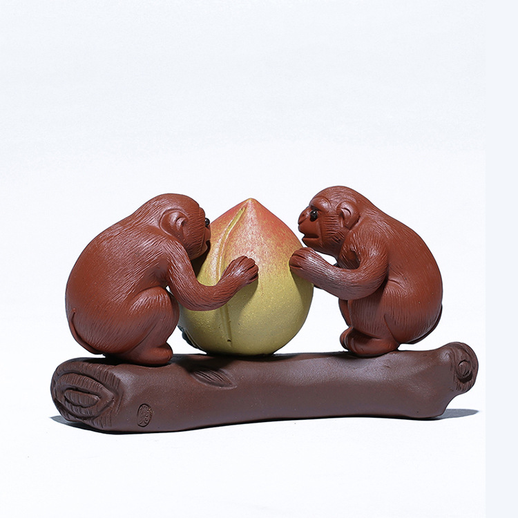百信紫砂茶宠雕塑摆件宜兴厂家批发手工礼品定制猴子寿桃有福同享