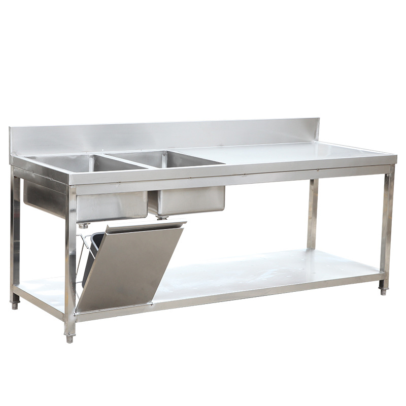 双眼水池不锈钢厨房工作台切菜揉面食品制作台双层家用金属洗碗台