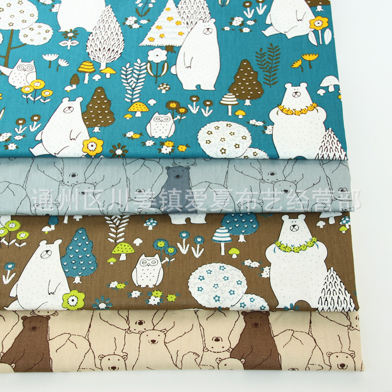 纯棉斜纹印花布料 全棉卡通熊大熊二床品抱枕桌布窗帘装饰布批发