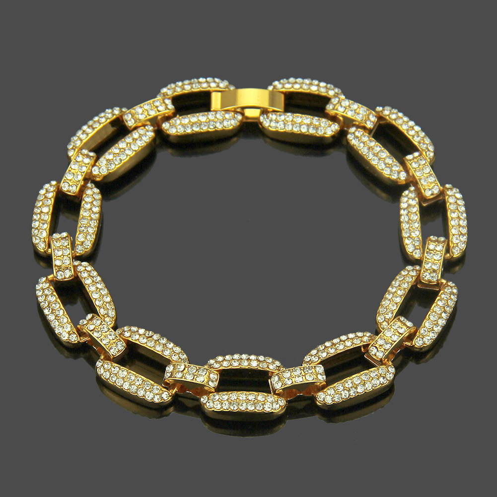 欧美嘻哈男士满钻手链 18k环保电镀hiphop霸气手镯手饰 厂家货源