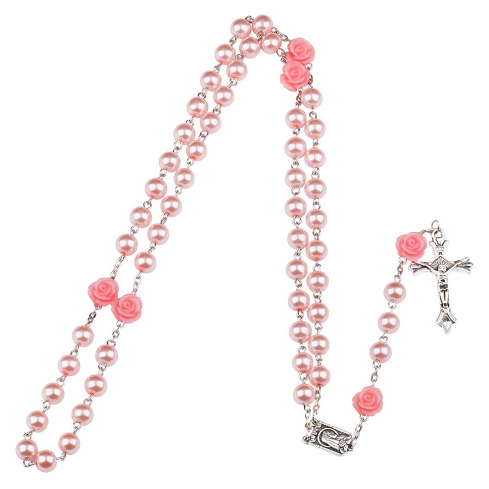 Pink 6mm Artificial Glass Pearl Rose Rosary Necklace Cross Virgin Necklace