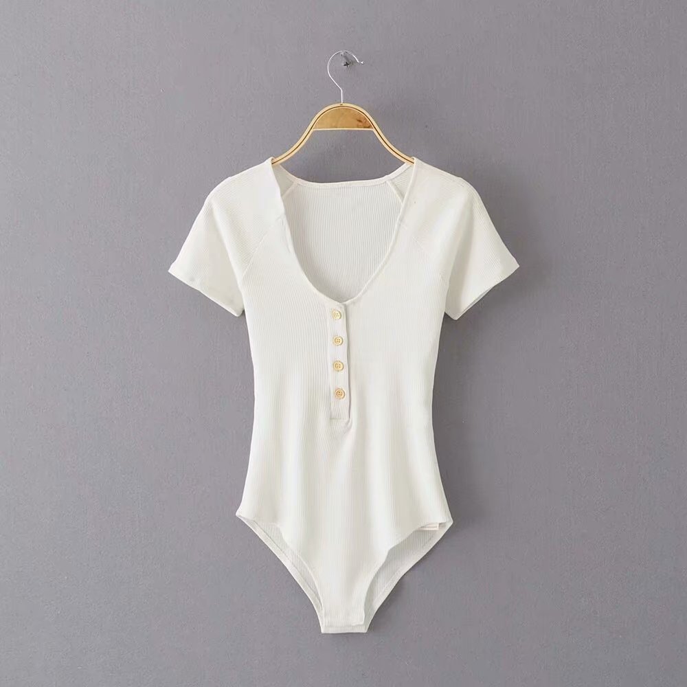 2019春季新款欧美复古扣短袖连体衣t恤女装批发