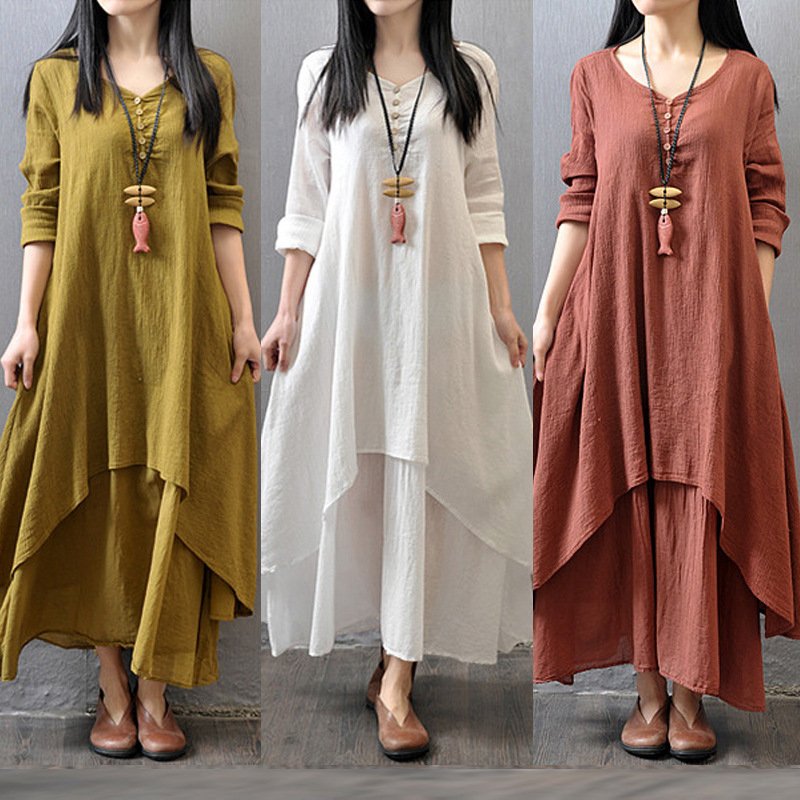 2023 Spring and Autumn Fake Two-Piece Long Skirt Literary Expansion Linen Dress Loose Long Sleeve Cotton and Linen Skirt