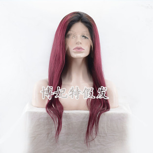 全手钩真人假发头套 真人发自然曲度 厂家直销 1b/酒红