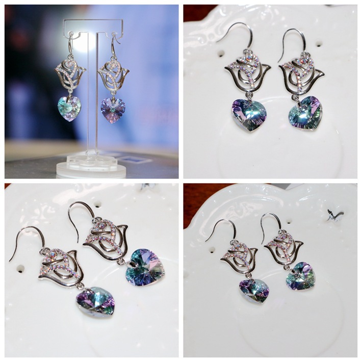 代工来料加工紫蓝色心形长款水钻吊坠扶摇同款耳环饰品首饰