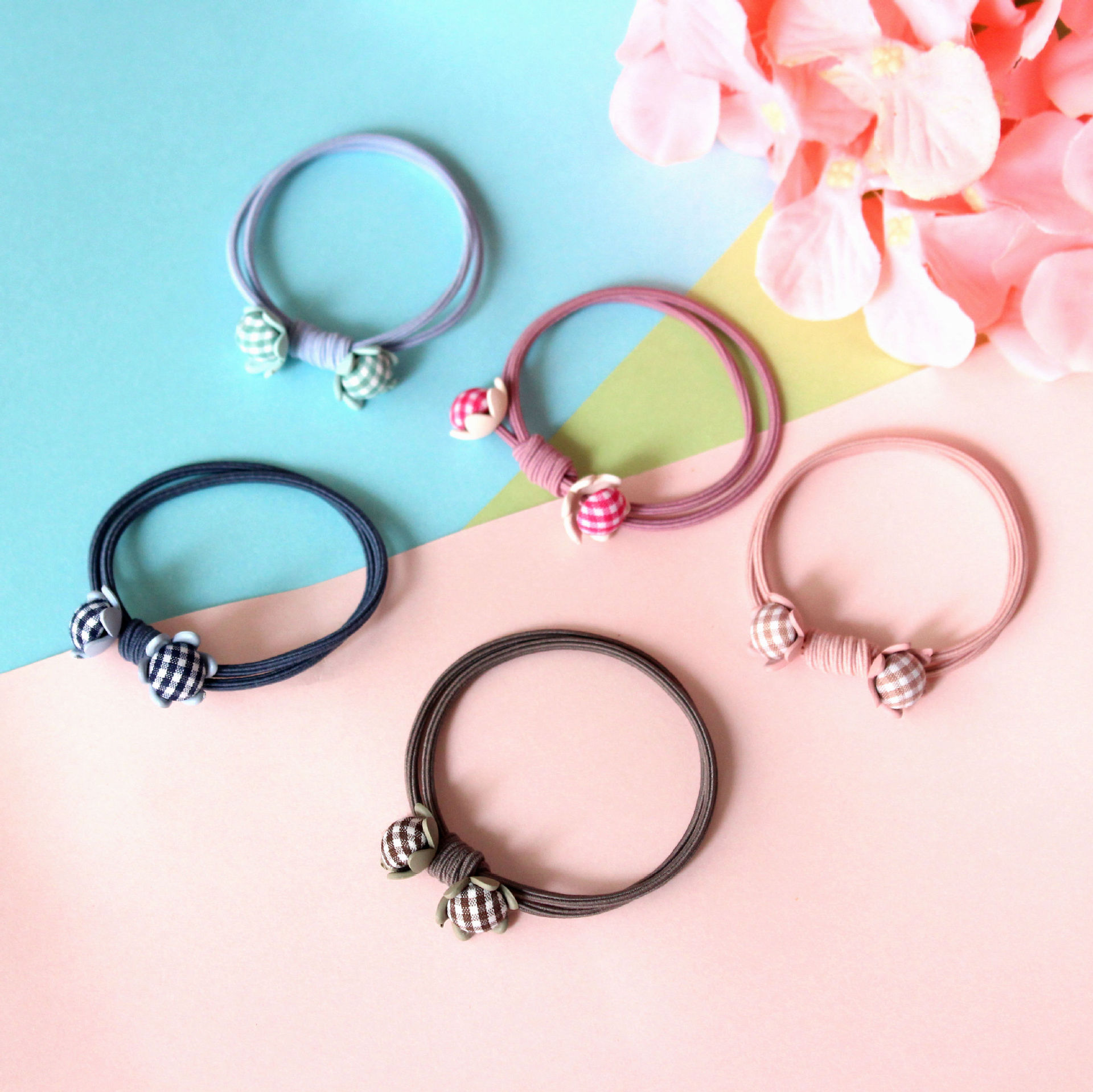 日韩发饰 高弹力布艺打结发绳发圈清新小花朵造型女生头饰品批发