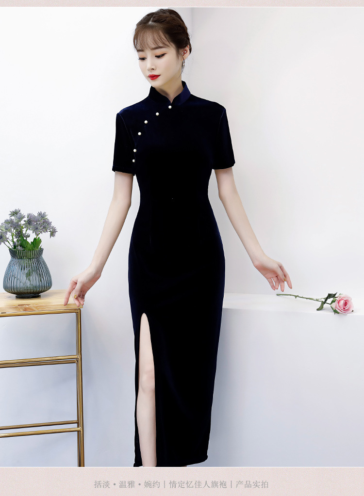 复古唐装金丝绒修身立领高开衩旗袍货号bg180205