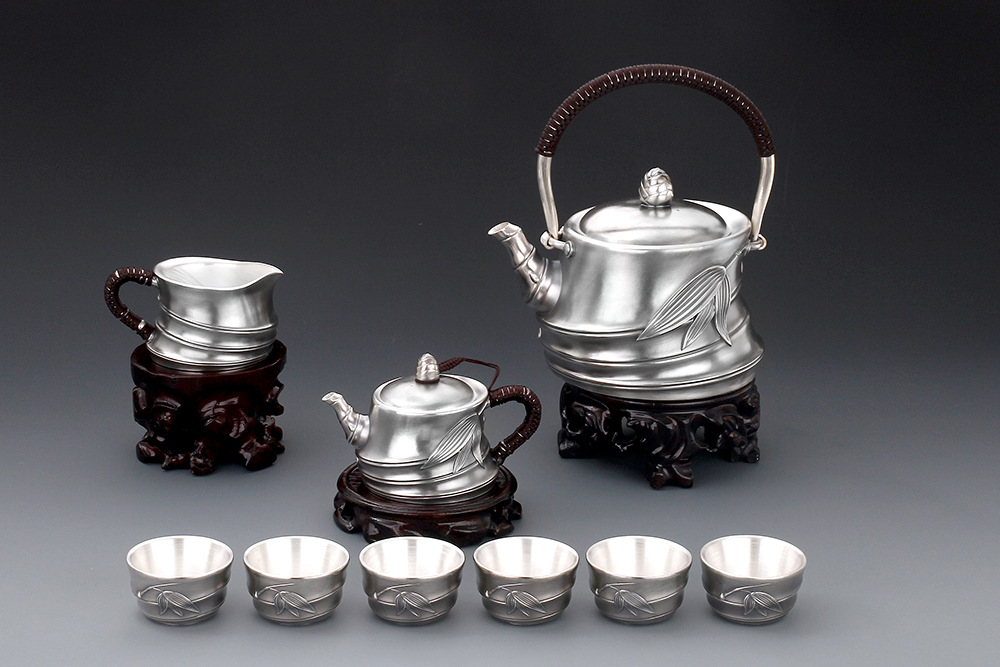 银器 银制品 银壶 纯银999 银茶具套装 银茶壶 银茶杯 竹报平安