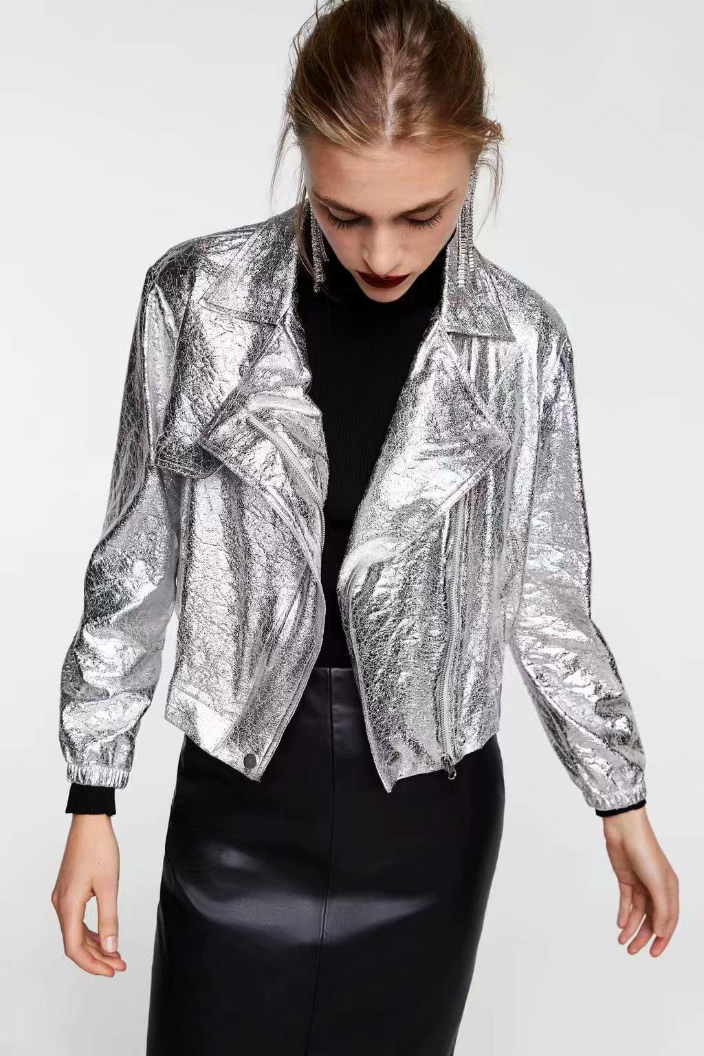 2018春夏新款欧洲站 金属系机车夹克外套 女士银色夹克 cdc8799