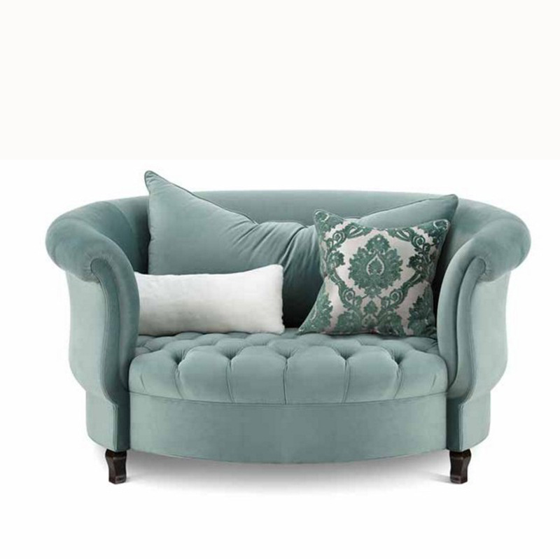 美式椭圆形沙发欧式单人小沙发绒质布艺拉扣客厅新古典弧形休闲椅