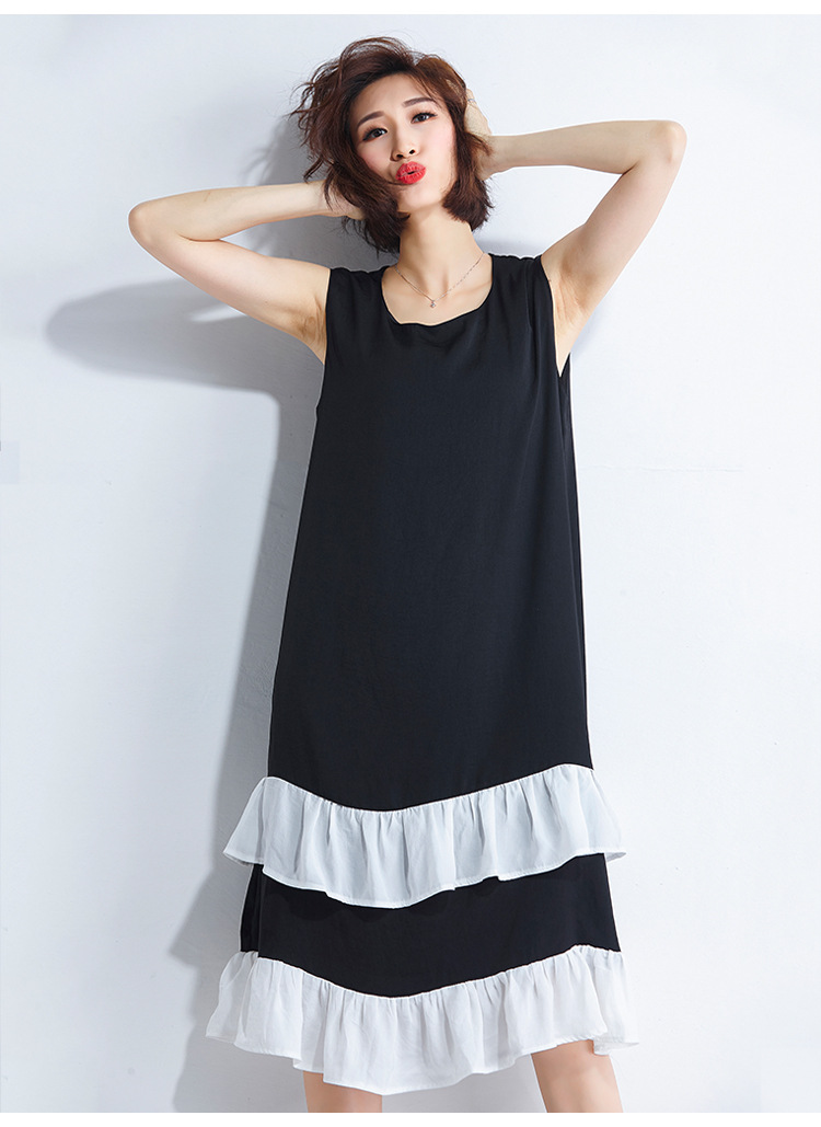 胖mm中长款无袖背心裙2018夏季新品大码宽松拼接显瘦百搭连衣裙女