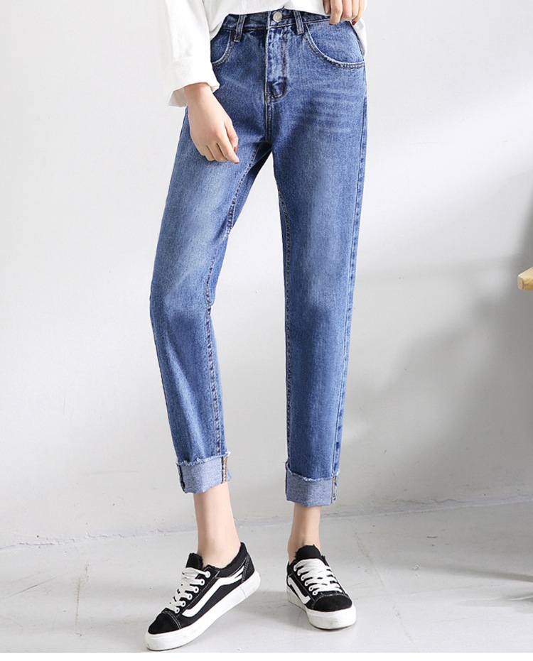 2018春季新款韩版裁剪翻边牛仔裤高腰长裤铅笔裤显瘦修身小脚裤