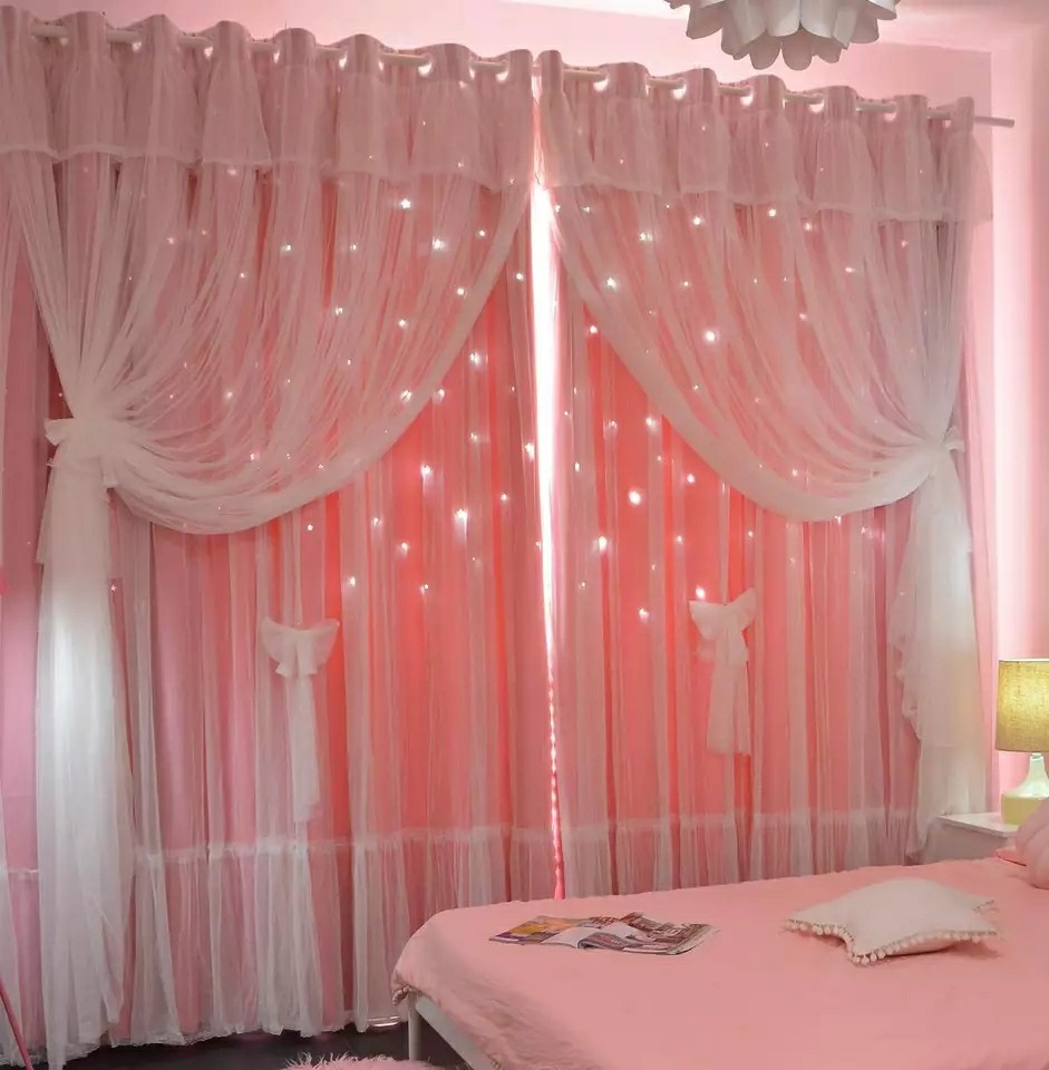 镂空星星韩式三层公主风窗帘布温馨粉色蓝色卧室窗帘魔术贴免打孔