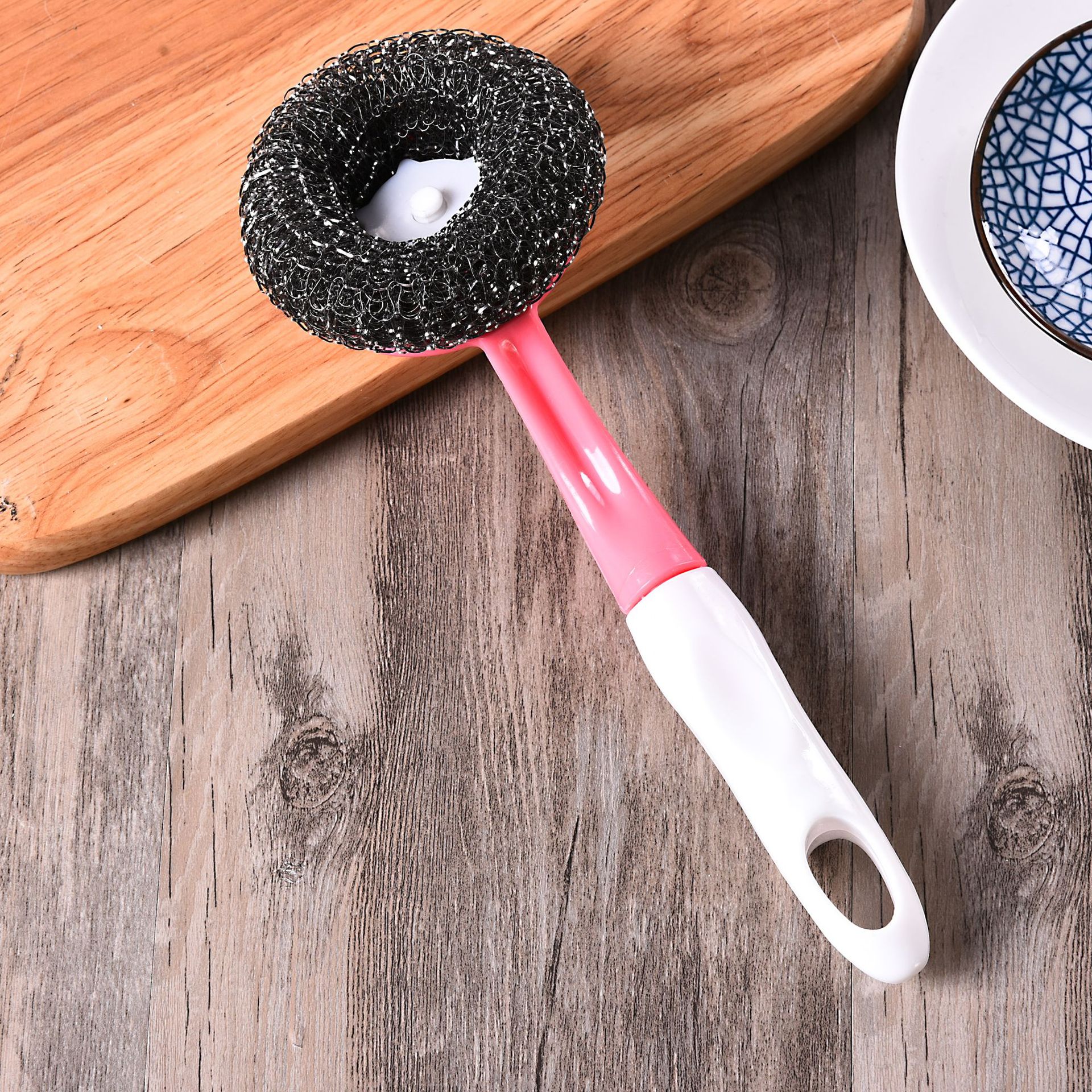 厂家直销长柄钢丝球刷洗碗洗锅球厨房创意清洁用品带柄清洁球批发