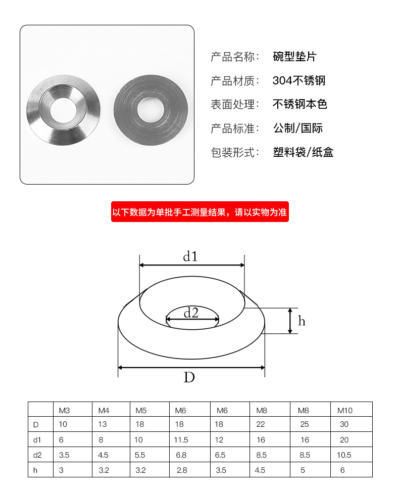 不锈钢碗型垫片鱼眼垫片sn213912m3m4m5m6m8配合沉头螺丝用