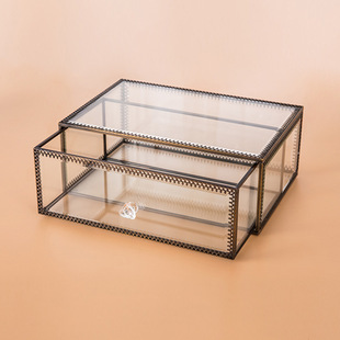 玻璃珠宝盒单抽屉盒欧式复古青古铜系列化妆品防尘收纳玻璃抽屉盒
