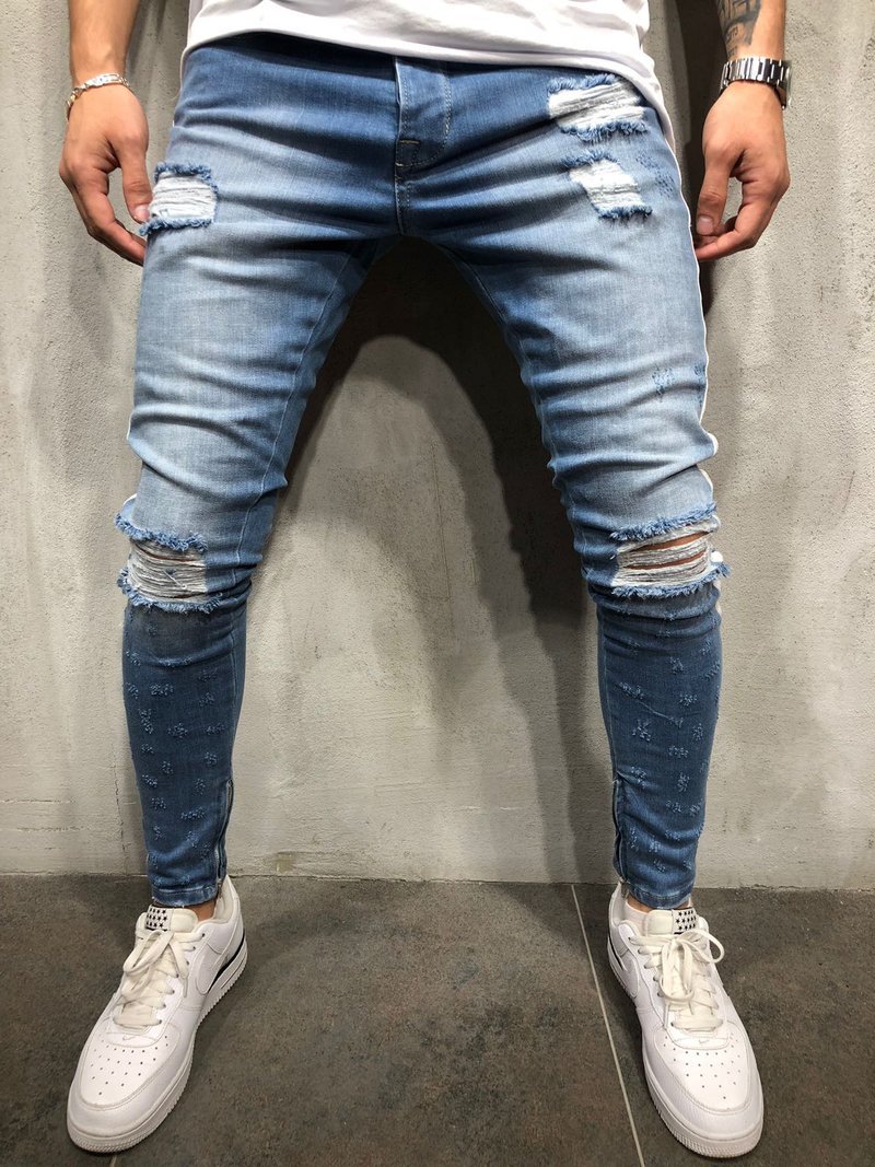 欧美高街slim fit男士牛仔裤印花破洞街头拉链夏季男款长裤潮