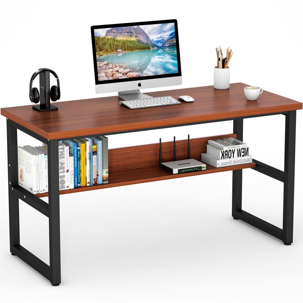 厂家直销简约环保板电脑桌家用带书架的钢架学习桌