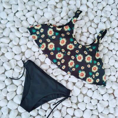 2018向日葵印花分体比基尼欧美外贸爆款荷叶边性感一字肩纯色泳裤