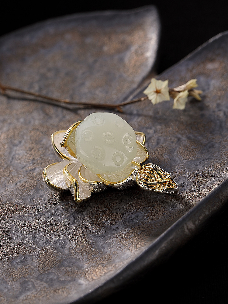 s925纯银天然镶嵌和田玉白玉莲花莲蓬锁骨链挂坠货号g10044