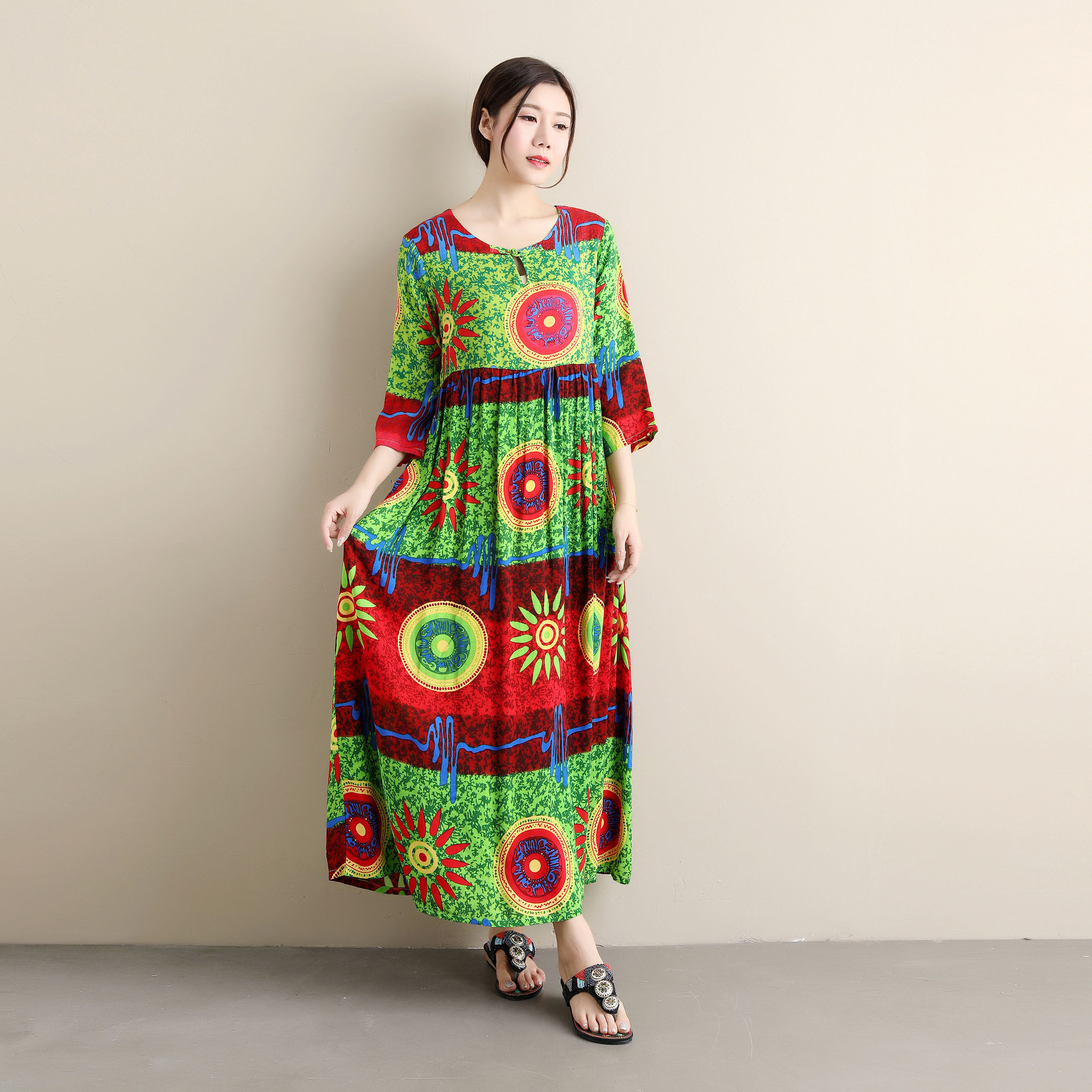 2021夏季新款 太阳花连衣裙女装复古文艺风连衣裙绵绸印花七分袖