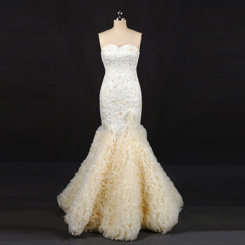 新娘结婚性感优雅鱼尾婚纱抹胸蕾丝收腰显瘦小拖尾婚纱厂家直销