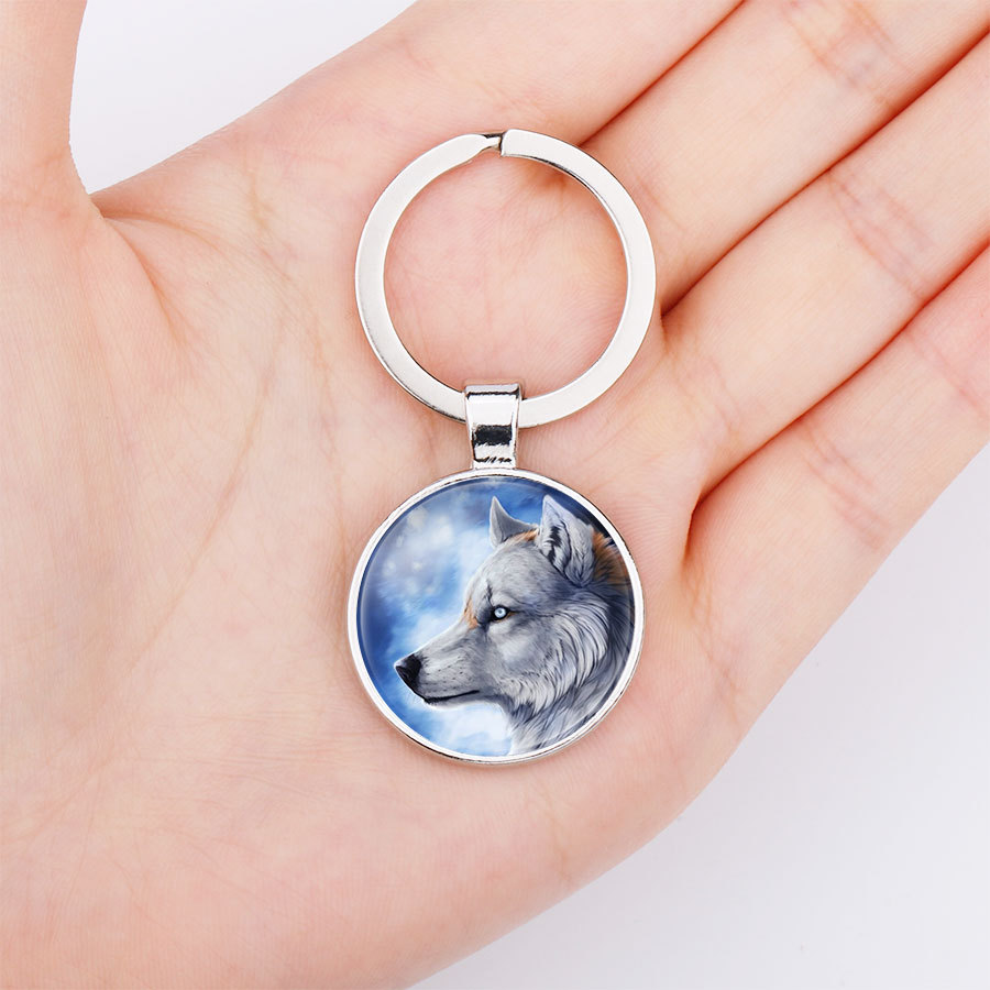 Best Seller in Europe and America Decorative Pendant Wolf Totem Starry Moon Tree Wolf Howling Time Stone Glass Keychain