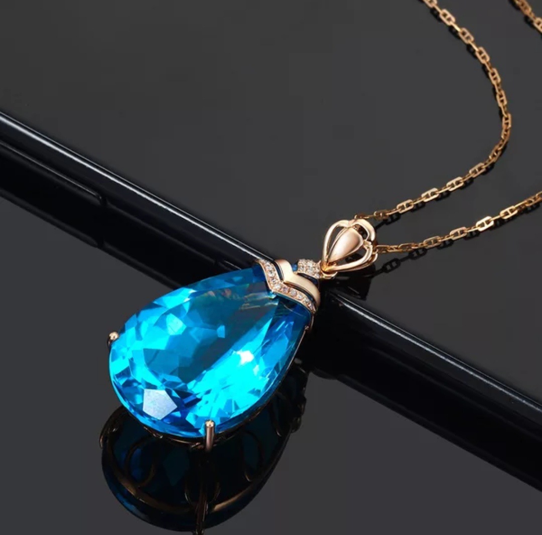 欧美潮流海蓝色托帕石吊坠镀玫瑰金水滴梨形彩色宝石女款项链吊坠