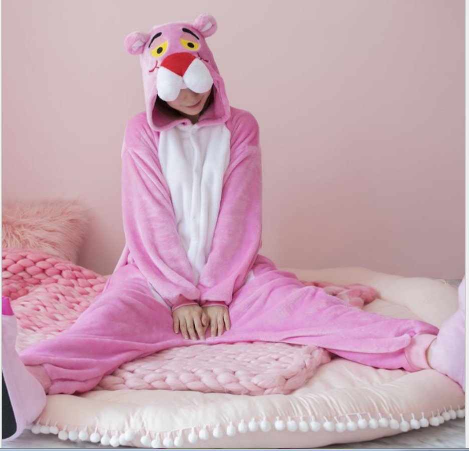 秋冬粉红豹卡通顽皮豹动物连体睡衣红恐龙法兰绒男女长袖家居服