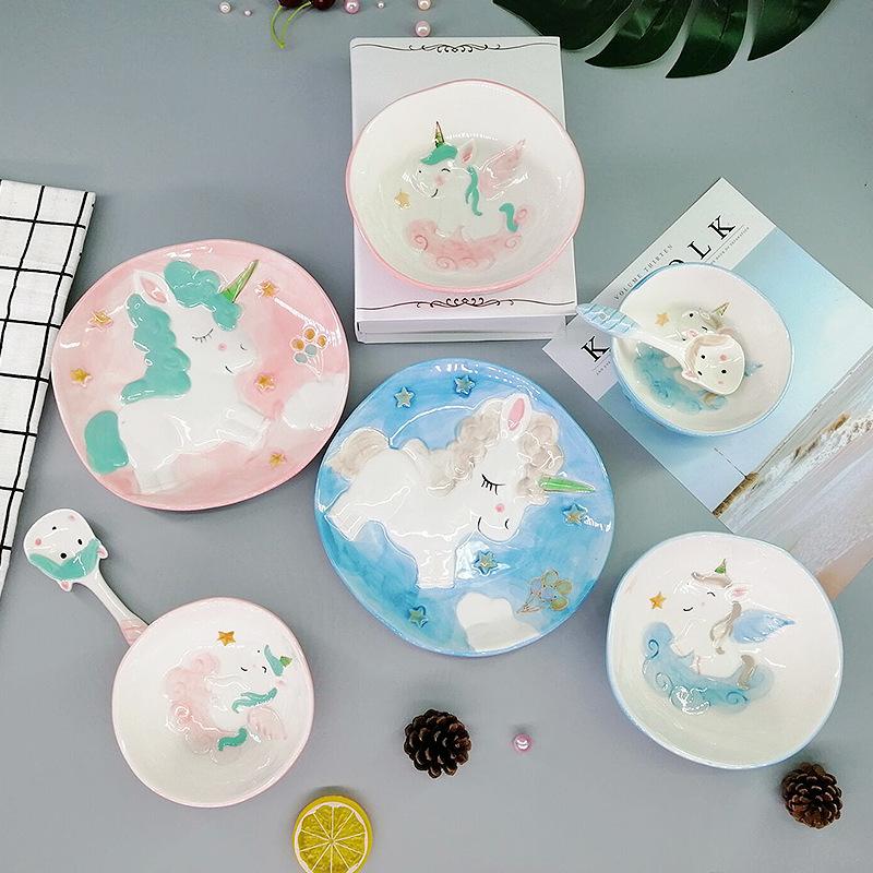 New Unicorn 4-Piece Set Plate Dishes Household Ins Internet Celebrity Tableware Cute Creative Ceramic Dinner Plate Girl's Heart