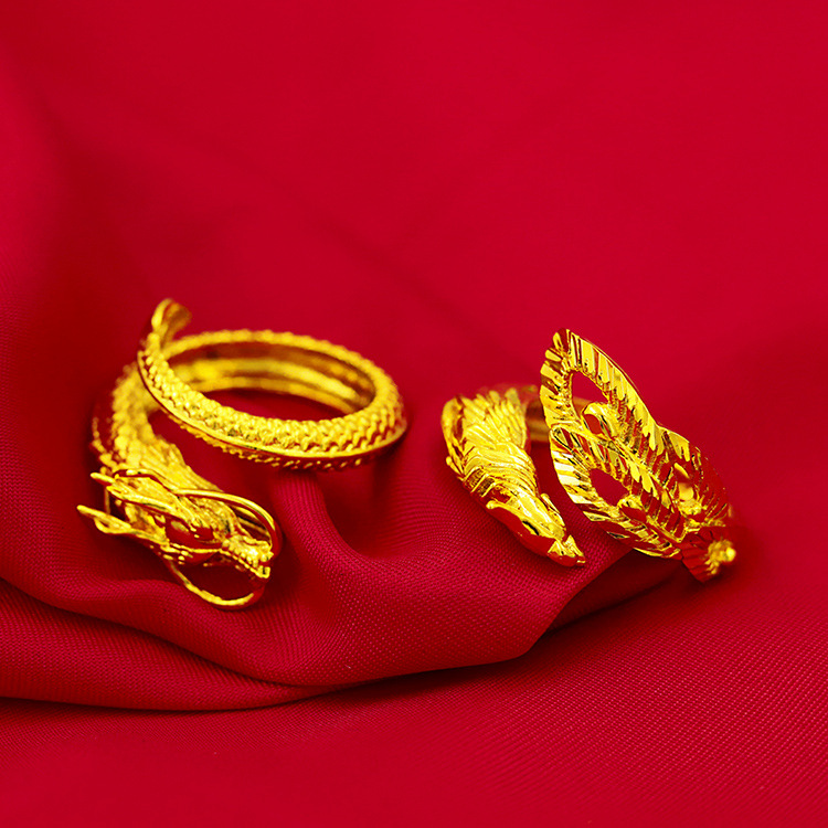 婚庆情侣款龙凤对戒男女款纯黄铜镀金龙凤指环戒指货源批发