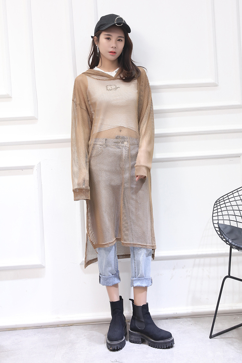 春夏外穿防晒连衣裙女长袖网状镂空网格罩衫连帽透视薄款渔网上衣